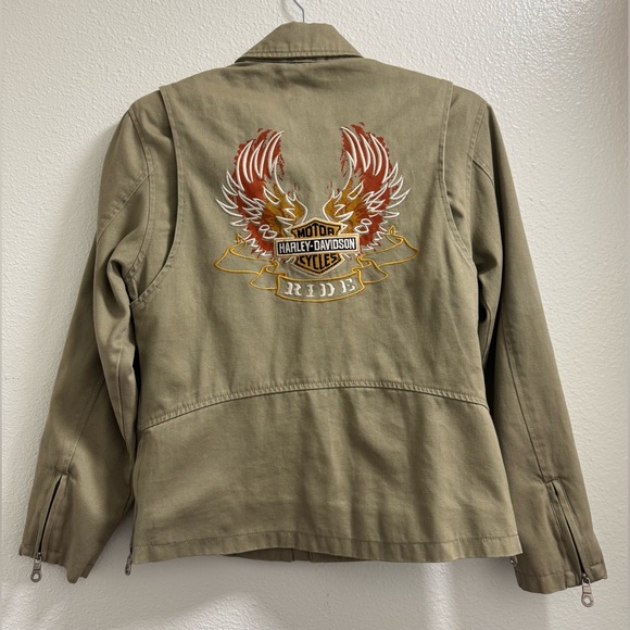 Harley Davidson Embroidered Zip Jacket Snap Pockets Collared Flames Wings XS - Picture 1 of 10